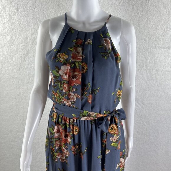BCX NWT Womens M  Floral Blue Halter Maxi Slit Pleated Dress Belt Sheer Overlay - Picture 4 of 16